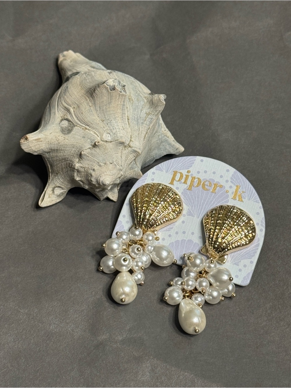 Piper Gold Shell Drop Earrings with White Pearl Clusters